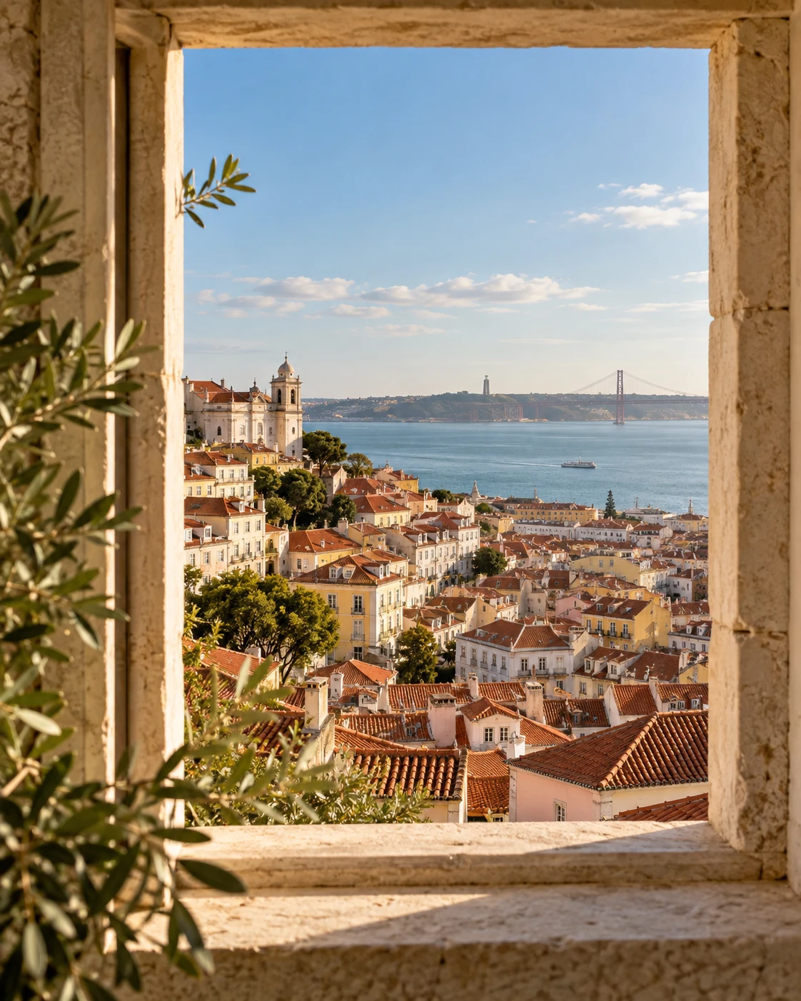 Vista ilustrativa de Lisboa e do rio Tejo através de uma janela de pedra